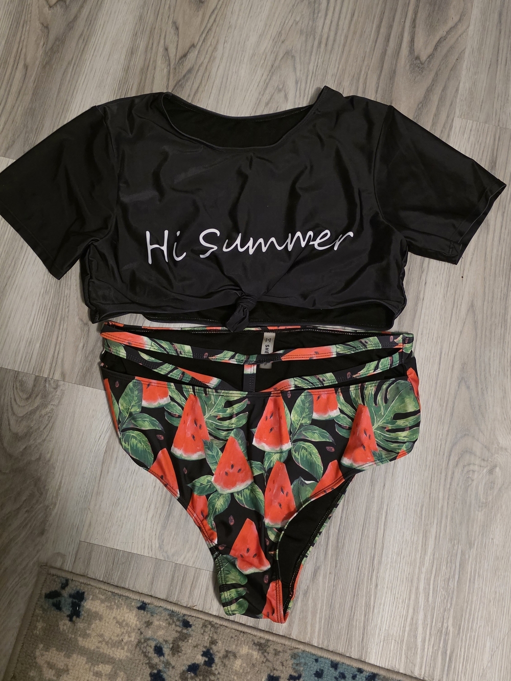 SHEIN Watermelon Print High Waist Bikini Set Black “Hi Summer” 2XL